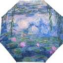 Vipsk Folding Umbrella Claude Monet Water Lilies Painting Travel Umbrella Windproof Automatic Compact Rain Travel Umbrella,Lightweight,Auto Open/Close