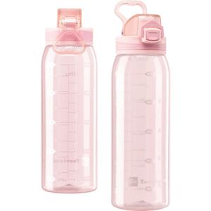 Water Bottle BPA Free Tritan with Time Markers, 30oz Large Durable Gym Plastic Bottle for Fitness, Outdoor Enthusiasts, Leakproof Clear Pink (Pack of 1)
