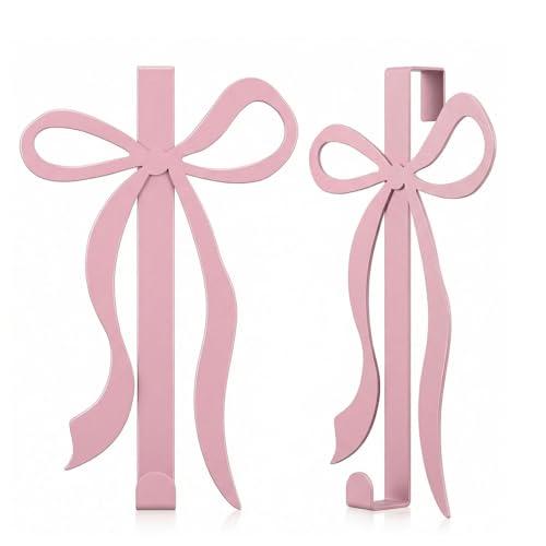 Dylrauoza Pink Over the Door Hooks, 2 Pack Metal Door Hanger Hooks for Towels Coats & Bags, Bow Over Door Hook Rack Organizer for Bathroom Girls Bedroom Closet, Coquette Room Decor, No Drill