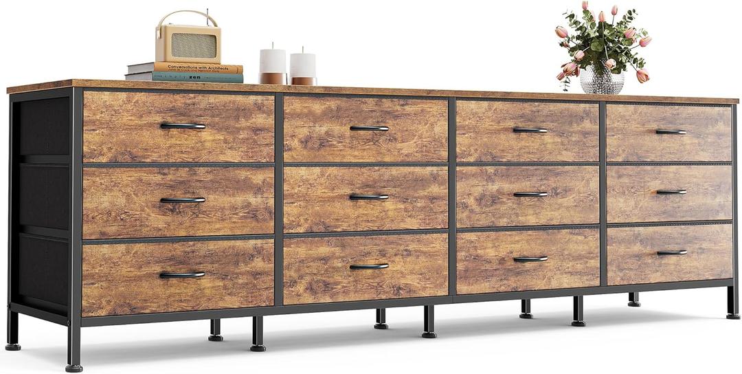 Huuger 70 Inch Dresser for Bedroom, TV Stand for 65, 75, 80 Inch TV, 12 Fabric Drawer Long Dresser, Large Entertainment Center for Bedroom, Wide Chest of Drawer with Storage, Rustic Brown, 13.8"D x 70.9"W x 26.8"H