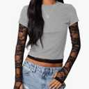 KIGRAD Womens Y2k Girls Sheer Mesh Lace Patchwork Layered Long Sleeve Crop Tops Crewneck Layering Lace Going Out Shirts L, Gray