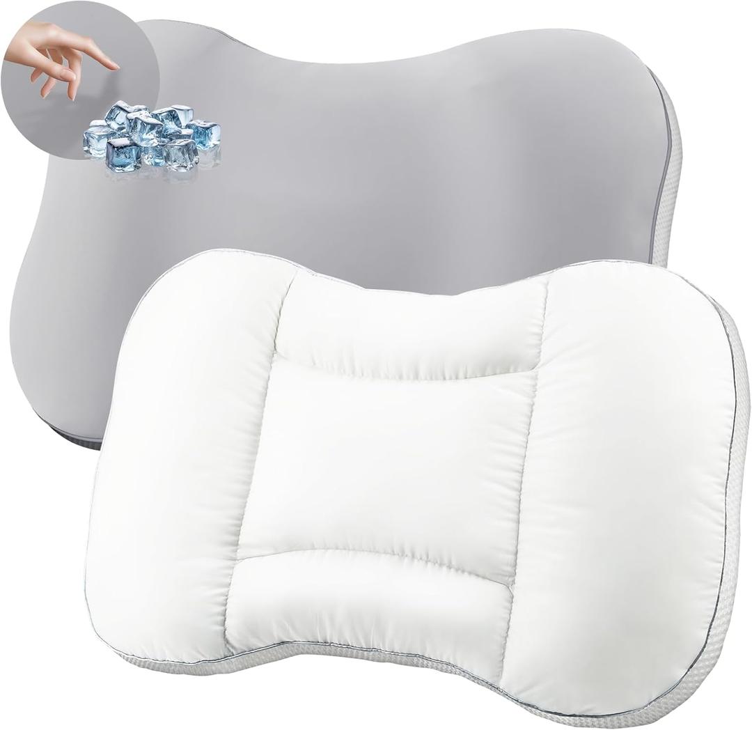 Neck Cervical Pillow for Sleepers,Ergonomic Memory Foam Pillows,Relief Back Shoulder Pain for Adults,Grey-White Cooling Pillow 14x24inch