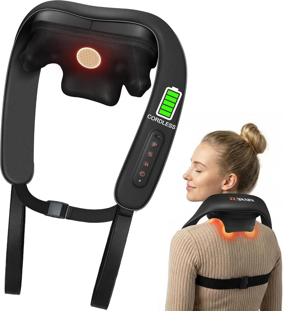 JZBRAIN Cordless Shiatsu Neck and Shoulder Massager with Heat & Kneading | 2000mAh Rechargeable Battery, Hands-free, 3 Modes, 2 Intensity, 2 Heat Levels, for Muscle Soreness, Stiff Neck Fatigue Relief