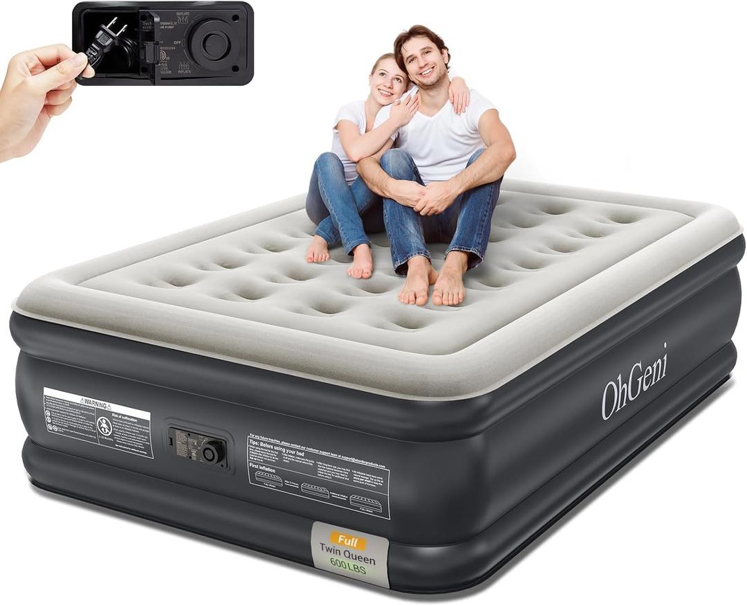 OhGeni Full Air Mattress with Built-in Pump,18'' Comfortable Blow Up Colchones Inflables Mattress for Home,Guests,Foldable,Portable Bed for Adults,Durable Airbed Supports Up to 600 lbs,Black