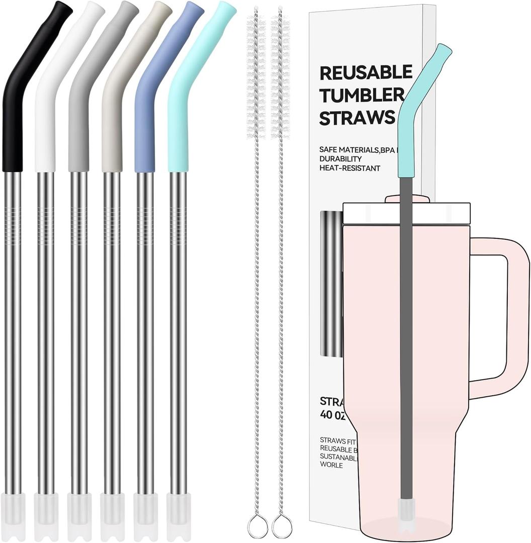 40 oz Straight Metal Straws for 40 oz Stanley Tumbler, 6 Pcs Stainless Steel Reusable Drinking Metal Straw with Colourful Silicone Tips,Straw for Glass Cups, BPA FREE (1)