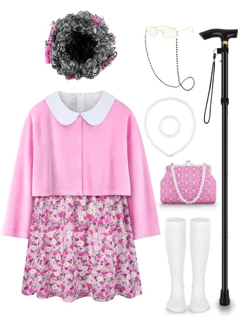 Old Lady Costume for Kids 100 Days of School Costume for Girls 100th Day of School Granny Old Lady Dress Up Accessory 5-7