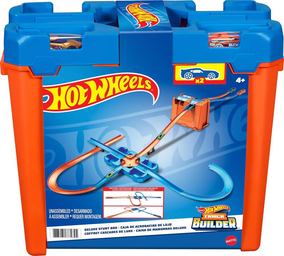 Hot Wheels Toy Car Track Builder Playset, Deluxe Stunt Box with 25 Component Parts & 1:64 Scale Vehicle 