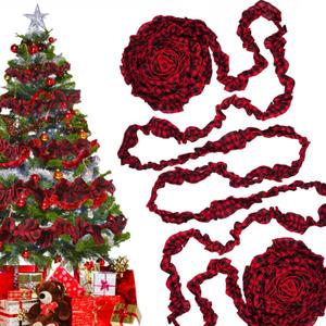 4 Rolls Plaid Christmas Tree Garland Rustic Christmas Tree Ribbon Buffalo Plaid Ribbon Burlap Garland for Xmas Holiday Crafts Decoration, 39.3 Feet (Red / Black)
