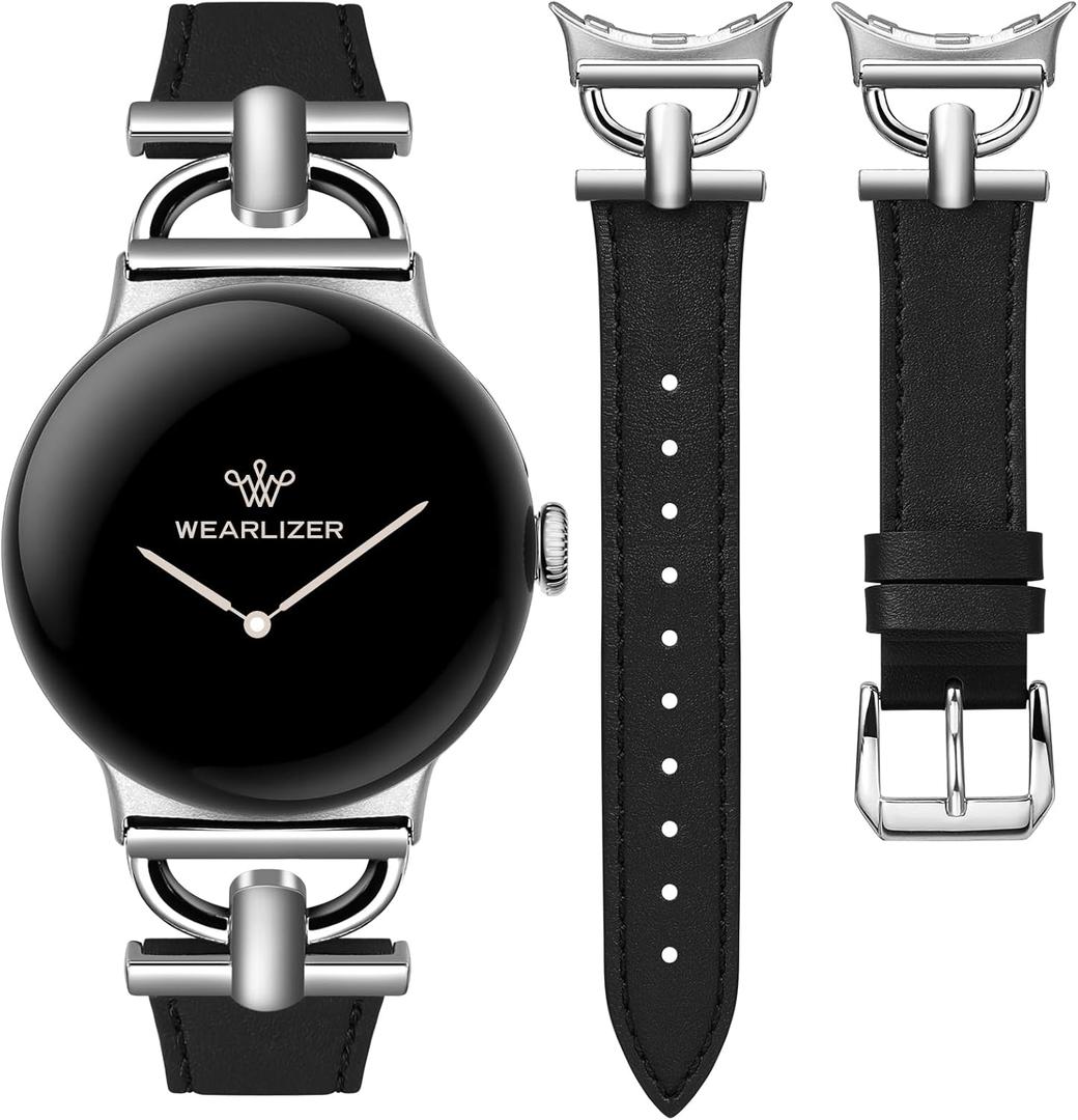Wearlizer Leather Bands Compatible with Google Pixel Watch 4/3 41mm/Pixel Watch 2/1 Band Women, Dressy Designer Slim Leather Strap with D-Shape Metal Buckle for Pixel Smartwatch Accessories (Black/Silver)