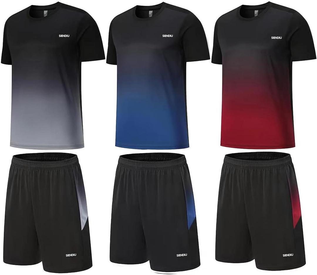 Men's Workout Sets Athletic Clothes Soccer Shirts Shorts 3 Pack Basketball Running Gym Football Outfits Summer (Grey-blue-red)