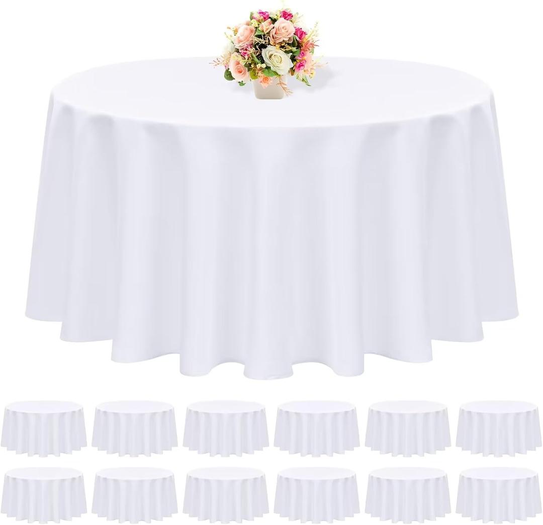 12 Pack White Round Tablecloth 120 Inch - Polyester Table Cloth for Round Table, Premium Circle Tablecloth Table Linens Washable Fabric Bulk Table Cover for Wedding Party Banquet Restaurant Reception