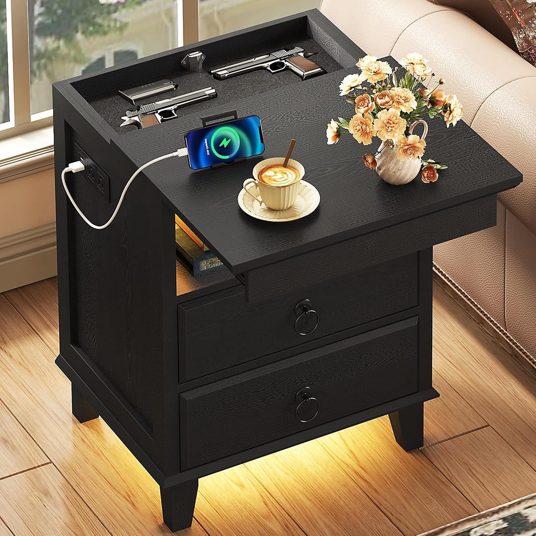 Yusong LED Night Stand with Gun Drawer, Bedside Table with Charging Station, Sofa Couch End Side Table with with 2 Drawers ＆Open Shelf for Bedroom, Black