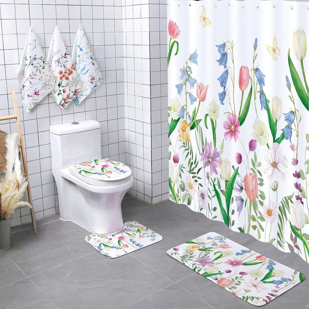 Newwiee 7 Pcs Flower Shower Curtain Set with Non-Slip Mats Bathroom Set with Shower Curtain and Towels Toilet Mat Waterproof Watercolor Bathroom Decor Bath Accessories