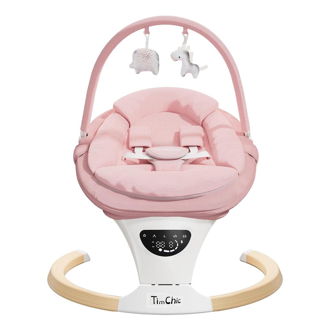 Baby Swings for Infants, Portable Infant Swing with 5-Speeds, 3-Adjustable Height, 3 Timer & 12 Lullabies, Mutil-Function Electric Swing for Baby, Indoor & Outdoor Use (Pink)