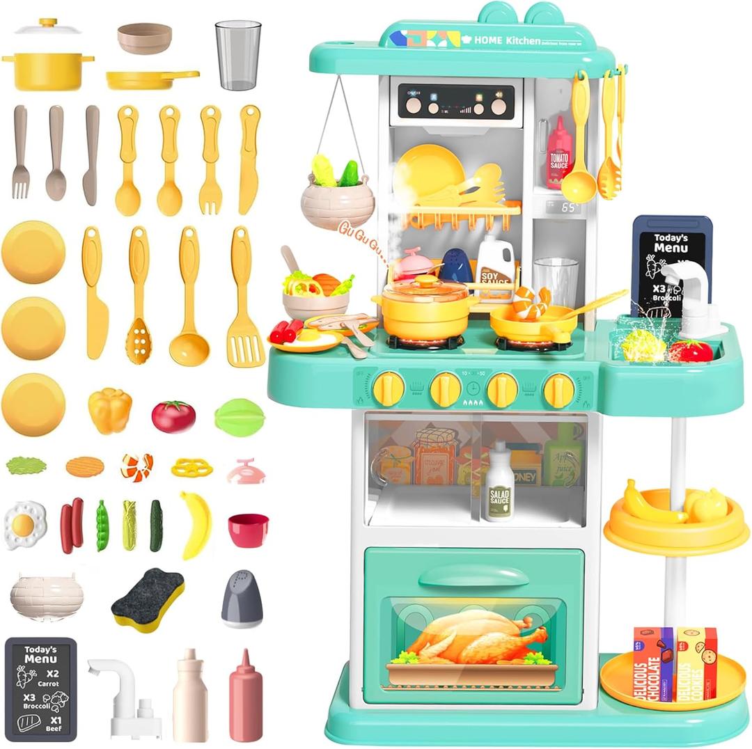 deAO Kids Kitchen Playset, 54 PCS Kitchen Toys for Toddlers with Realistic Lights & Sounds, Play Kitchen Pretend Play Fruit Vegetables for Boys Girls Birthday Gifts(Blue)