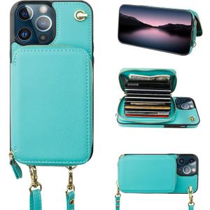 Bocasal Crossbody Wallet Case for iPhone 13 Pro Max, RFID Blocking Leather Purse Case with Card Holder, Protective Handbag Flip Cover with Zipper Wrist Strap Lanyard for Women 5G 6.7 Inch (Mint Green)