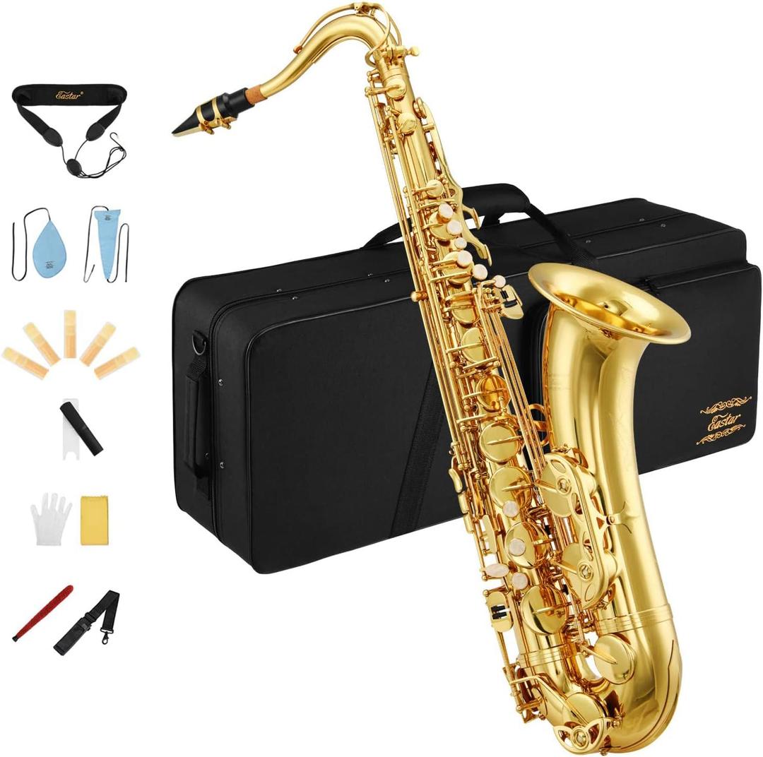 Eastar Tenor Saxophone, B Flat Golden Lacquer Beginner Kit with Cleaning Cloth, Case, Mouthpiece, Neck Strap, Reeds, TS-