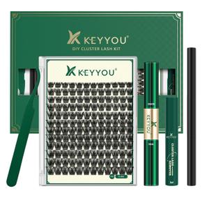 KEYYOU Lash Clusters Kit 144pcs Thick Volume D Curl Eyelash Clusters Lash Extension Kit with Mascara Brush Bond and Seal Glue Remover Applicators and Brush for DIY Lash Extensions (Y02)