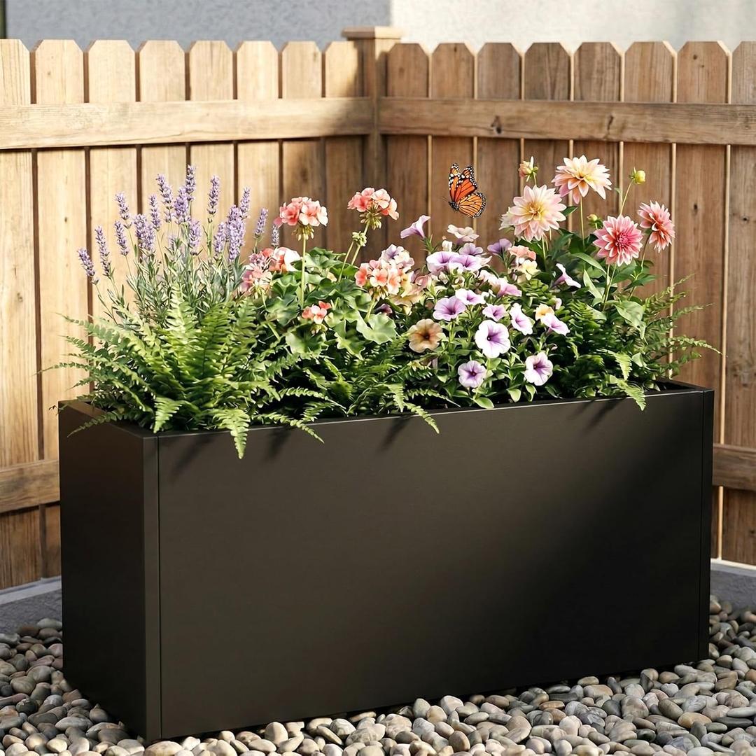 Rustproof Metal Planter Box 32 Inch Outdoor, Galvanized Steel Raised Garden Bed with Drainage Holes, Large Deep Rectangular Planter for Patio Balcony Porch Backyard (Black)