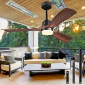 Ceiling Fans with Lights and Remote, 52 Inch Outdoor Ceiling Fan for Patios Indoor with 3 Downrods, 3 Blades Modern Ceiling Fan, 6 Speed Reversible Quiet DC Motor Solid Wood Fan,52in,Walnut