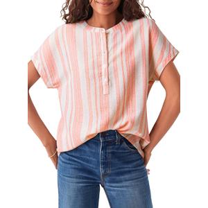 Astylish Womens Striped Henley Neck Linen Shirt Casual Button Down Cap Sleeve Blouse Tops (M)