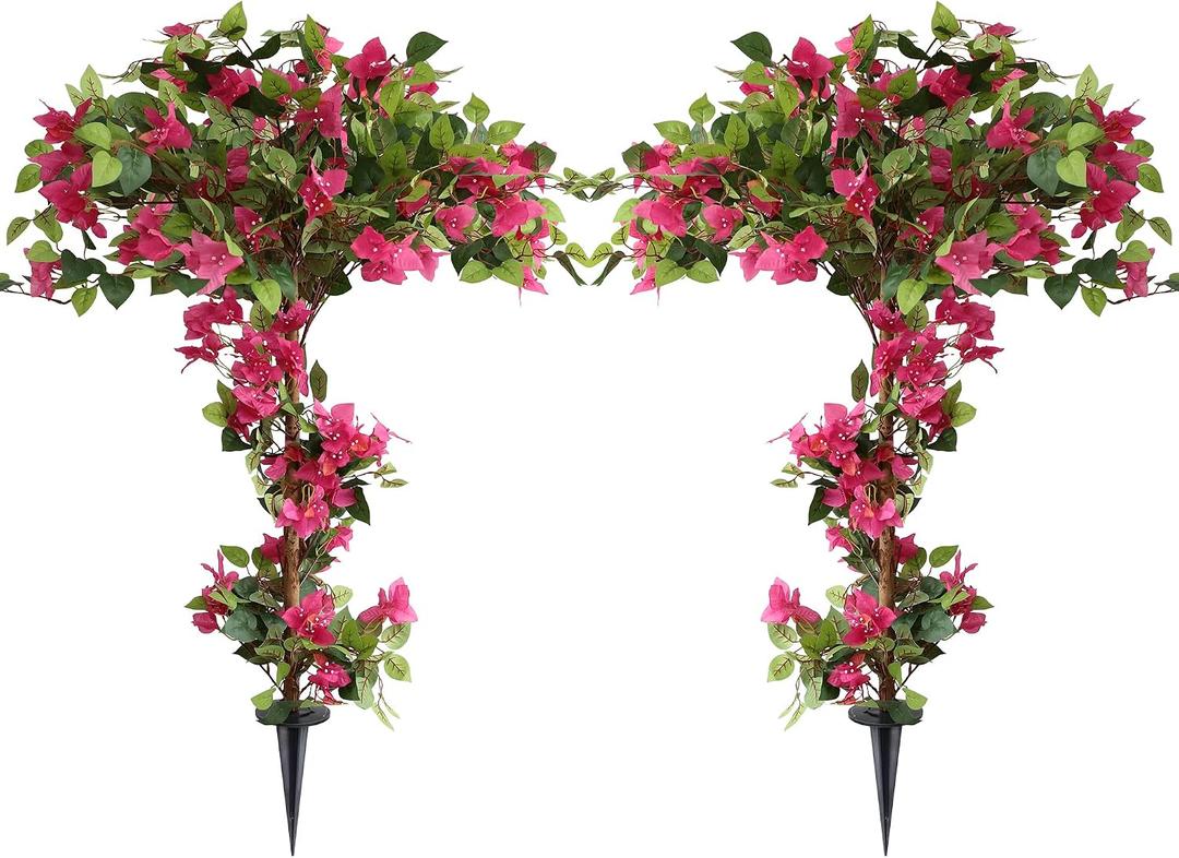 Damomo 4 Feet Artificial Bougainvillea Trees, Fake Bougainvillea Flowers Plant with Ground Spike, Outdoor Faux Azalea Blooming Plants 2 Packs for Decor Front Porch Indoor or Home Office (47 inch)