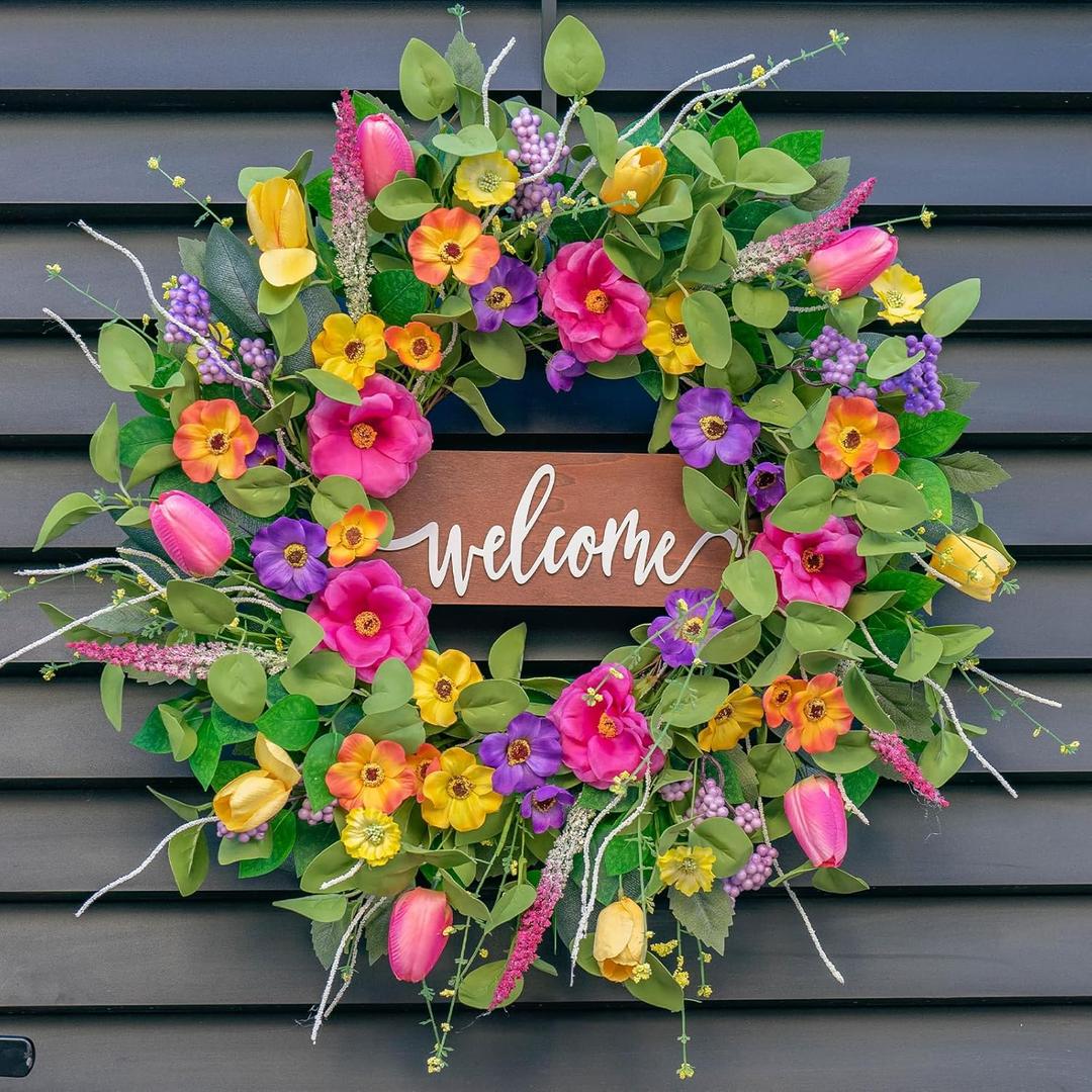 Pinkpuii Spring Wreaths for Front Door Outside  24 Inch Artificial Tulip & Wildflower Summer Wreath with Green Eucalyptus Leaves and Welcome Sign- Indoor Outdoor Farmhouse Home Porch Wall Decor