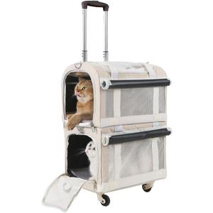 Extra Large Double Pet Carrier with 2 Detachable Carrier Bags, Cat Carrier Soft with Wheels for 2 Extra Large Cats or Small Dogs, Portable Cat Rolling Carrier for Car Travel Bus Subway, Brown