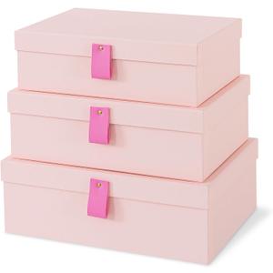 Soul & Lane Cardboard Decorative Boxes for Storage - Set of 3, Textured Memory Boxes with Lids for Home Decor, Photo Storage, and Keepsakes, Pink