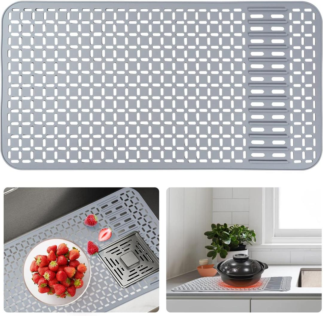 Silicone Sink Mat 26''x14'' Kitchen Sink Protector Mat With DIY Drain Hole, Grey Farmhouse Silicone Sink Mat Protector 1pcs Kitchen Sinks Accessories