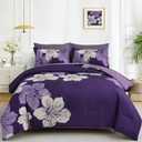 Luxudecor Dark Purple Comforter Set Queen Size, 7 Pieces Bed in a Bag Purple Floral Comforter and Sheet Set, Soft Microfiber Complete Bedding Sets for All Seasons