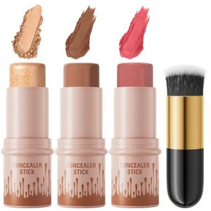 3Pcs Cream Contour Sticks Kit, Highlighter Stick Blush Stick Cream Contour Kit Makeup Set with Brush,Face Brightens & Shades Contour Stick Waterproof for Women 