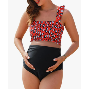 Summer Mae Maternity High Waist Bikini Swimsuit Two Piece Ruffled Hem Cute Bathing Suit Floral Pregnancy Swimwear L