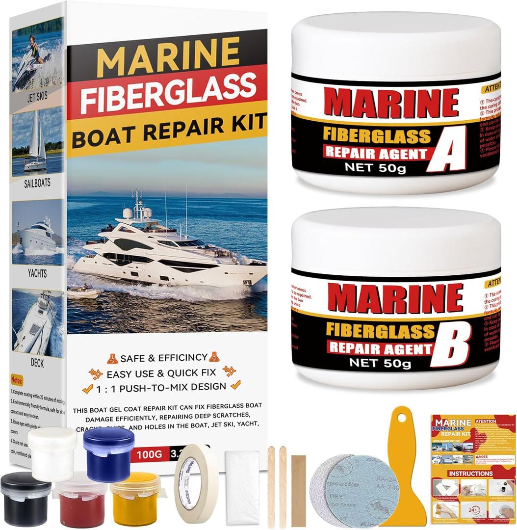 2 x Bondtech Marine Fiberglass Repair Kit for Boats, Multi-Functional Gel Coat Repair Kit for Boats, Surfboards, Kayaks, Fix Holes, Chips, Scratches, Deep Cracks with Color Match