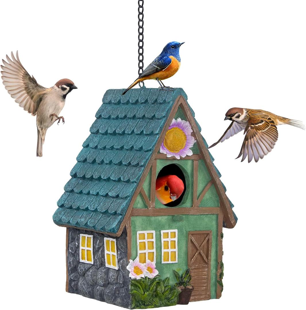 Bird Houses for Outside, Resin Bird House with Hang Chain, Decorative Bird Cage, Outdoor Garden Decor for Hummingbird, Bluebird, Cardinal and Other Bird