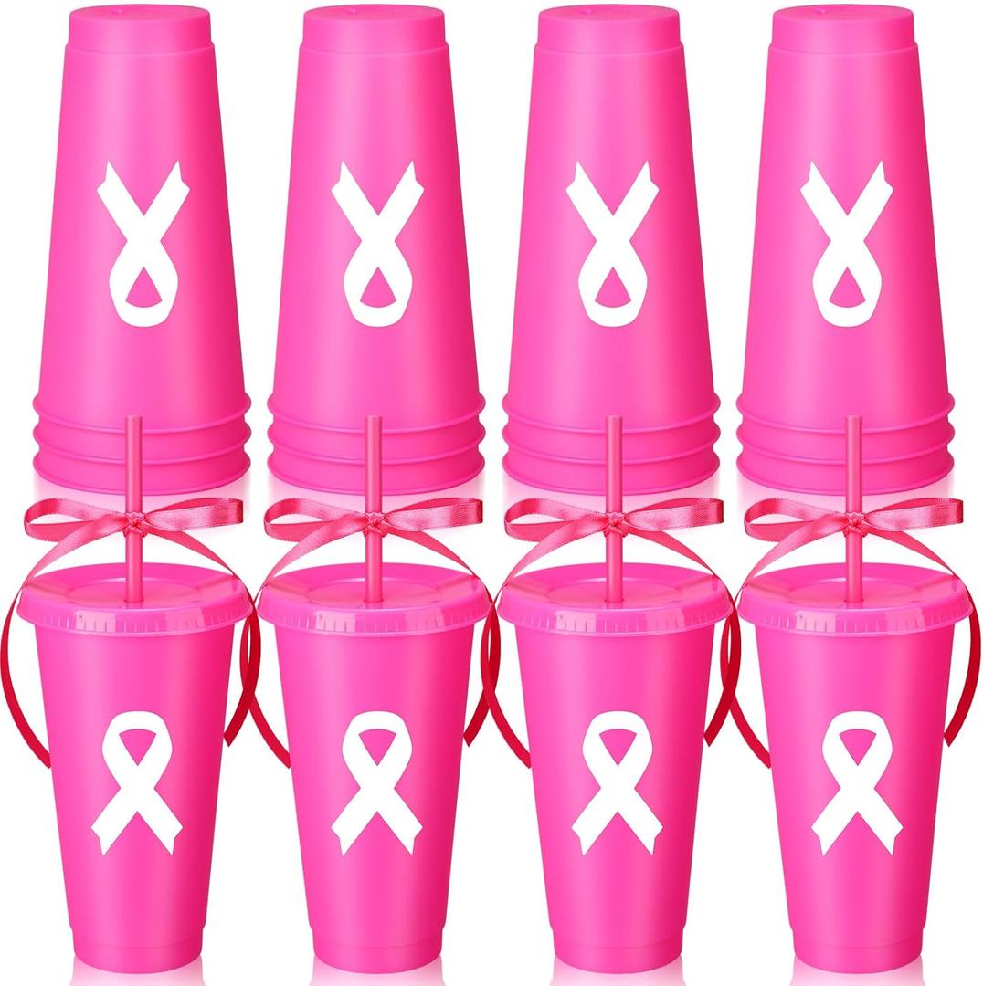 16 Pcs Breast Cancer Awareness Plastic Tumblers 24 oz Reusable Pink Ribbon Cups Bulk with Lids and Straws Drinking Cups Gifts for Women Breast Cancer Awareness Survivor Gift Party Supplies