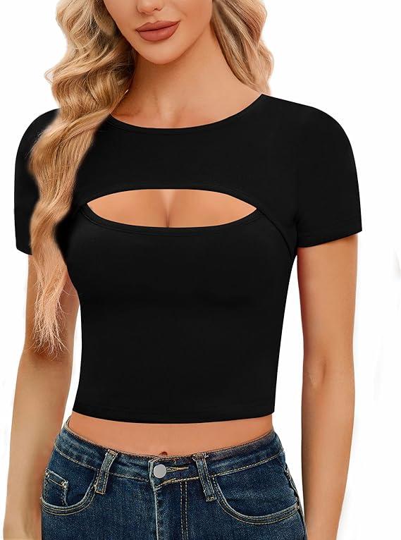 CLOZOZ Cut Out Tops for Women Sexy Crewneck Crop Top Slim Fitted T-Shirts Going Out Tops (Medium,  02 Black)