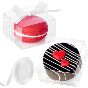 Jutieuo 100pcs Clear Single Chocolate Covered Ore Cookies Macaron Box for Wedding Favors Baby Shower 2.17"×2.17"×1.38" Inch, Party Favor Box with Ribbons for Candy Chocolate Mooncake