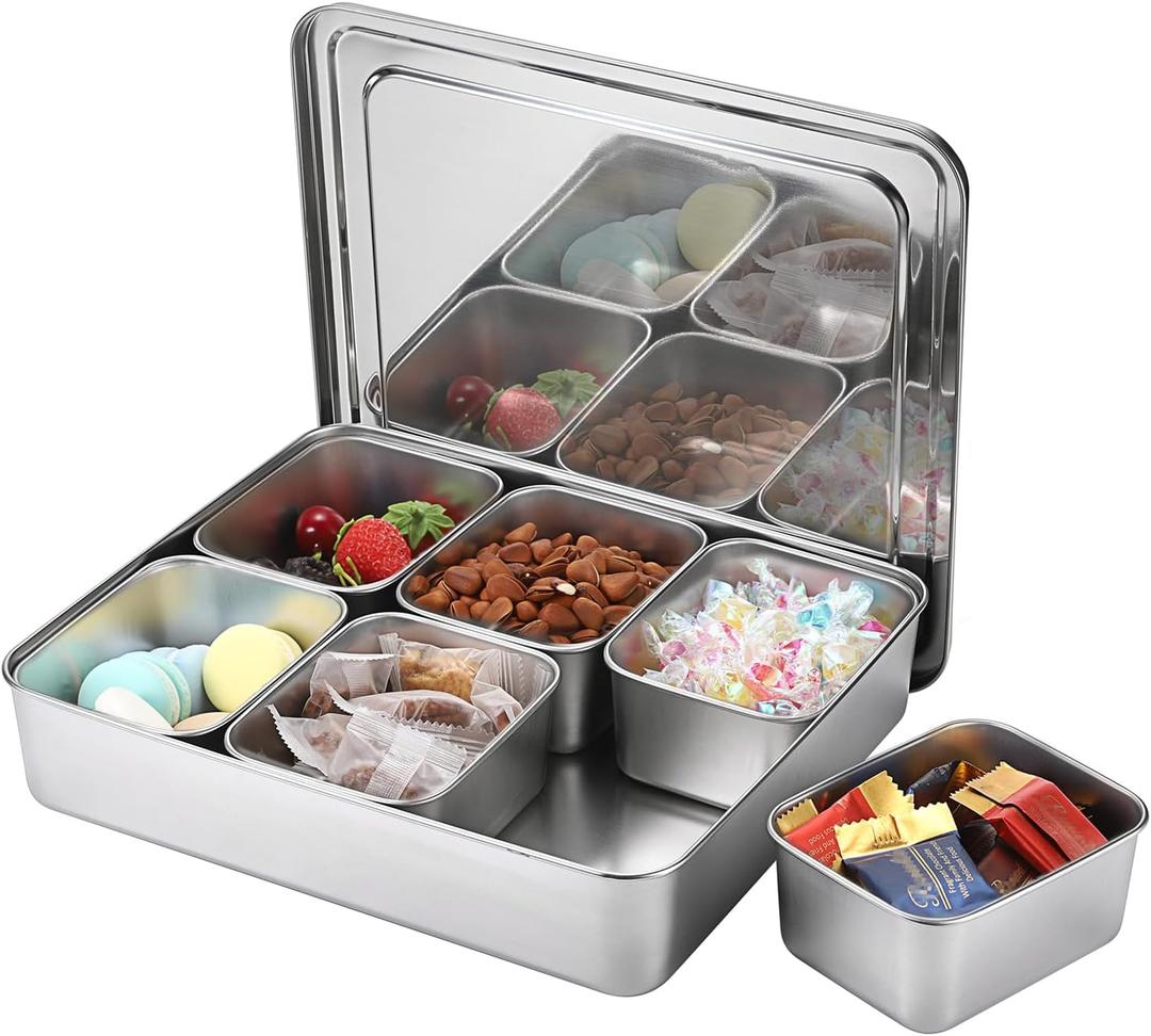 JUXYES Stainless Steel Divided Serving Tray with Lid, Portable Snackle Box Charcuterie Container with 6 Removable Compartments for Party Travel, Snack Platter Organizer for Fruits, Candy, Nuts, Snack