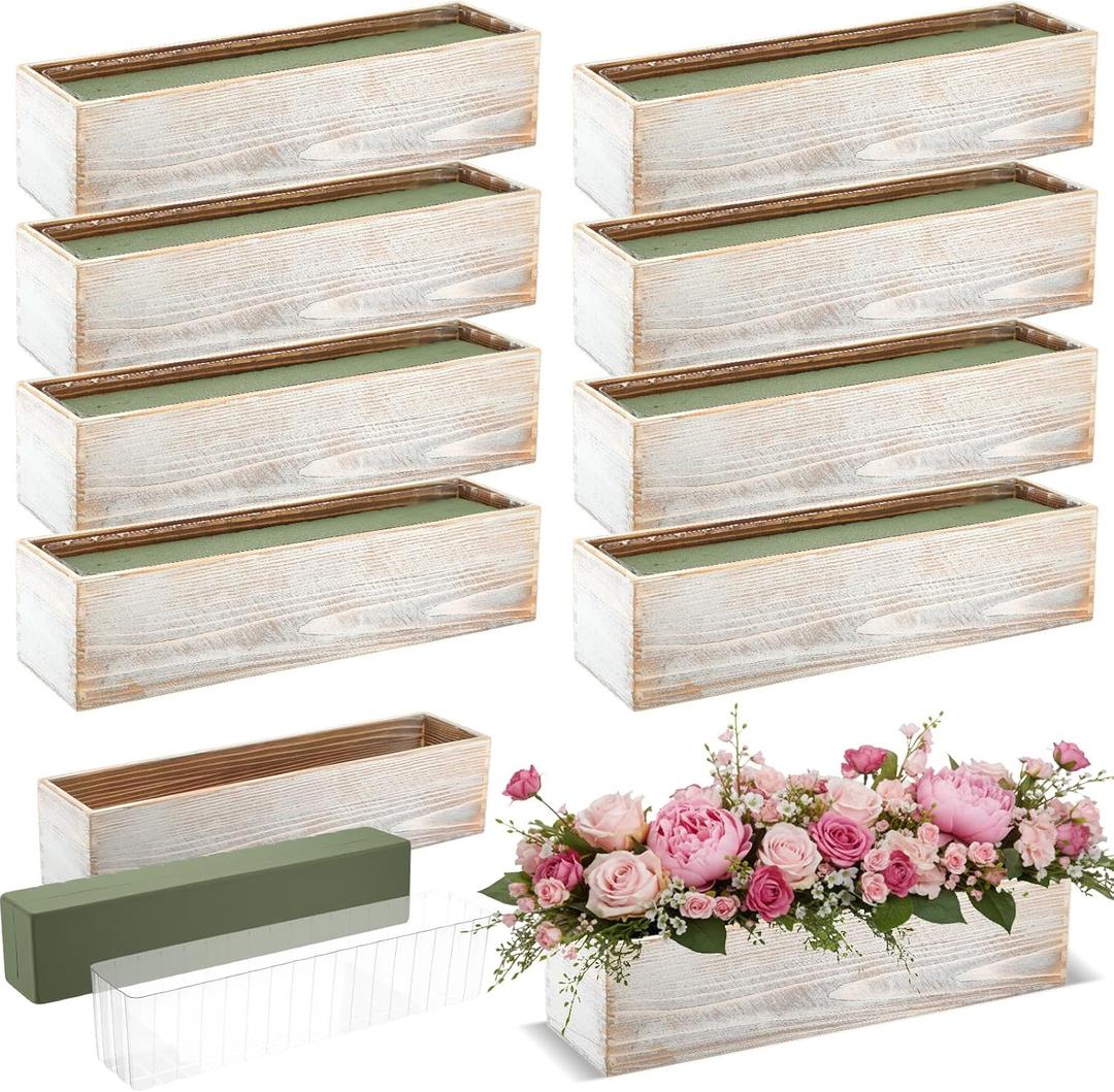 Sintuff 8 Set Rectangle Wooden Planters, 17 x 4 Inch Wood Boxes with Removable Plastic Liner & Floral Foam Blocks, Rustic Wood Planter for DIY Centerpieces Home Wedding Garden Bookshelf Decor