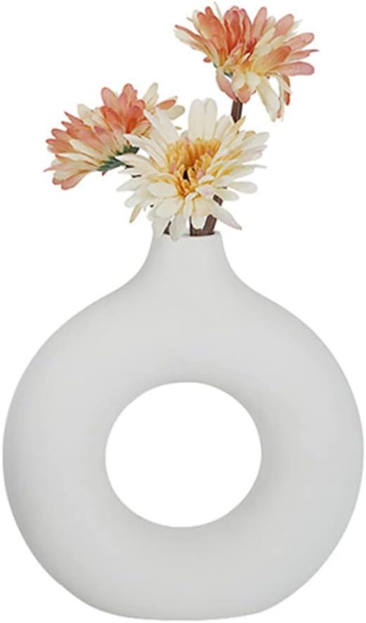 Concrete Floral Vase Set - Modern Circle Vases for Home Decor - Aesthetic Vases for Living Room Bedroom and Coffee Table - Minimalist Donut - Decorative Concrete (Snuggle - White), 1 Pack