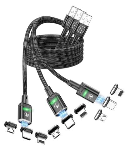 Kuulaa 3Pack Magnetic Charging Cable Magnetic Lightning Cable Magnetic Phone Charger 3A Fast Charging with 3 in 1 Charging Tips Nylon-Braided Phone Cable Compatible for iProduct/Type C/Micro Device