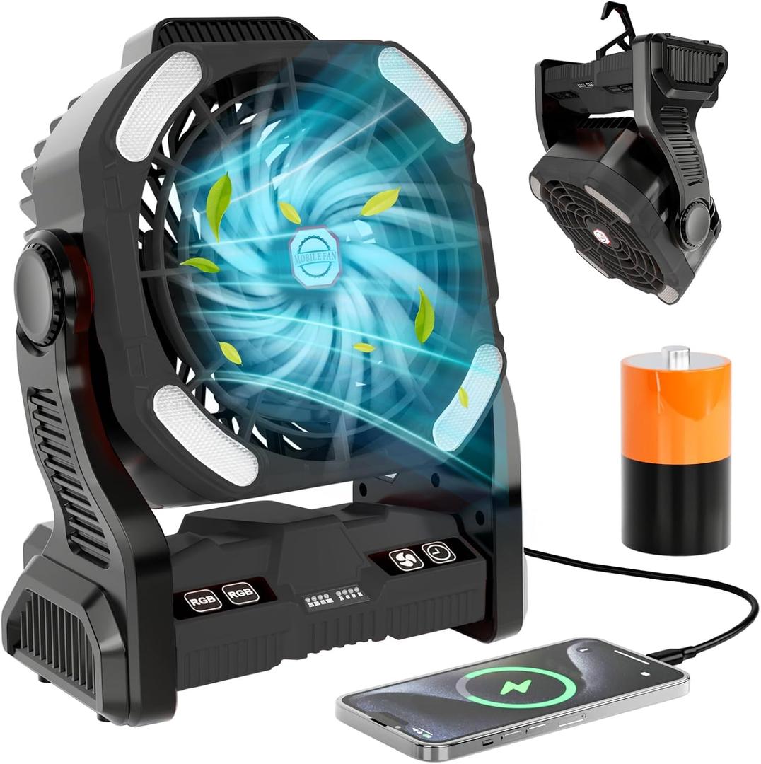 Sugoiti Portable Camping Fan 20000mAh, Rechargeable Battery, 4-Speed Quiet Cooling Blower with LED Lantern, 4 Timing, Hanging Hook for Outdoor Picnic Tent Beach Fishing Black