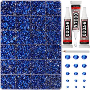 33000Pcs Royal Blue Rhinestones for Bedazzling, Assorted Sizes 2,3,4,5,6mm Flatback Gems Bedazzler Kit with B7000 Glue, Flat Back Resin Crystal Diamond Gemstone Rhine Stone for Craftings Clothes