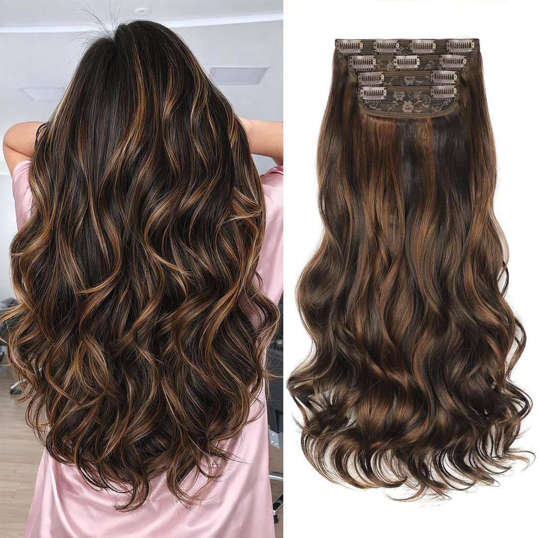 Kookastyle Clip in Hair Extensions, Natural Long Layered Soft Invisible Synthetic Curly Wavy Hairpieces for Women,4 pcs(20 Inch,Balayage Chocolate Brown to Caramel Blonde)