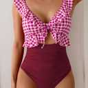 Eomenie One Piece Swimsuit for Women Tummy Control Ruffle Bathing Suit V Neck Ruched Swim Suit Slimming Cutout Swimwear (Red, L)