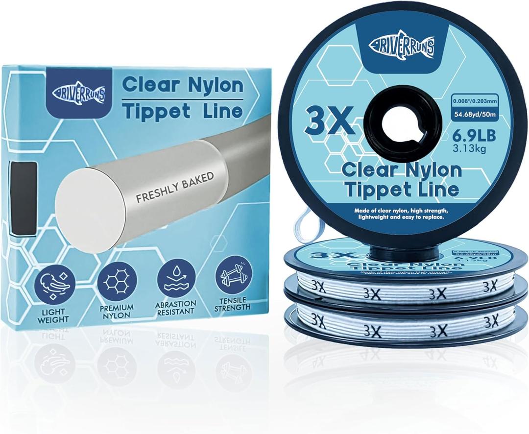 2 x Riverruns Fly Fishing Tippet Leaders Clear Nylon Tippet Line, 3 Pack, 55 Yards, 1X 2X 3X 4X 5X 6X 7X for Freshwater Saltwater