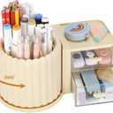 LETURE Rotating Office Desk Organizers and Accessories with 2 Drawer, Pencil Pen Marker Holder for Desk, Desktop Storage Organizers and Accessories for Office Home Art Supplies (Cream)