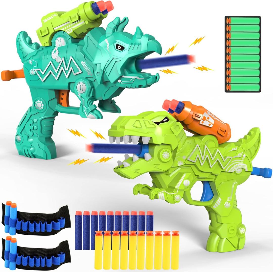 Dinosaur Toy Guns for Toddlers 3-8 Years Old, Idea Gift for Boys Birthday Valentines Easter Christmas Stocking Stuffers, Dino Blaster for Kids with 30 Foam Darts Compatible with Nerf, 2 Pack (Green)
