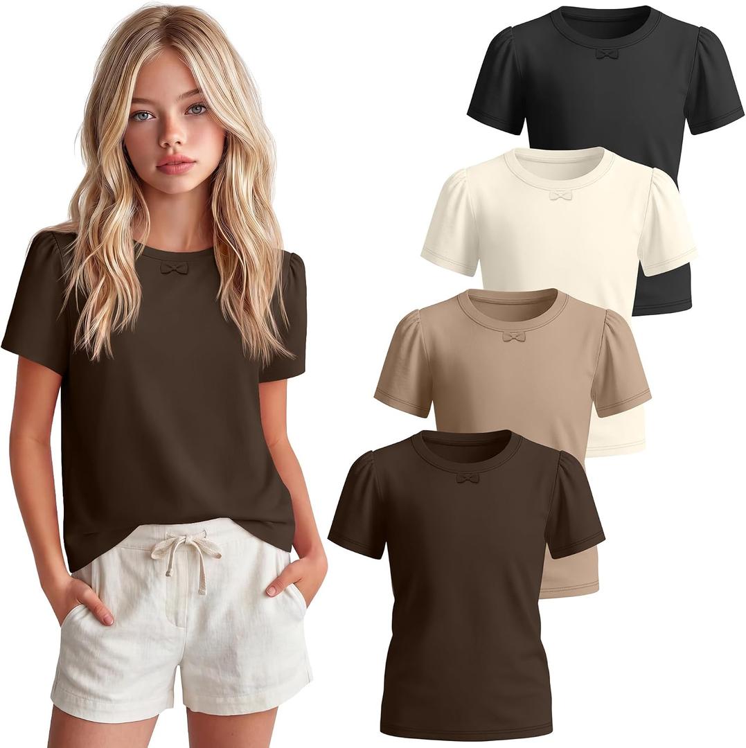 Oakgarden 4 Pack Girls Short Sleeve Tees | 5-14Y, Kids, Big Girls, Teen, Short Sleeve, Crew Neck, Bow Puff Sleeve, Summer Top, Soft, Casual Basic Tees, School Wear